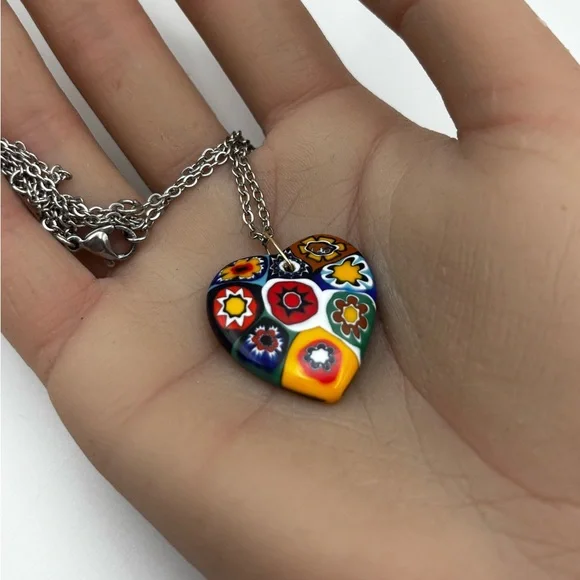 Millefiori Murano Glass Heart Pendant Necklace - Picture 6 of 10